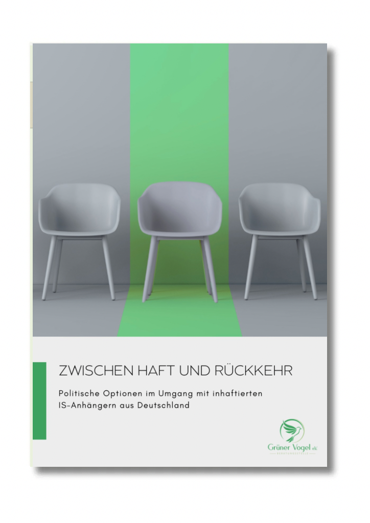 Cover der Publikation im oberen Teil: Drei identische graue Stühle stehen nebeneinander vor einer grauen Wand, der mittlere Stuhl ist durch einen grünen Streifen im Hintergrund hervorgehoben. Darunter der Titel: Zwischen Haft und Rückkehr.